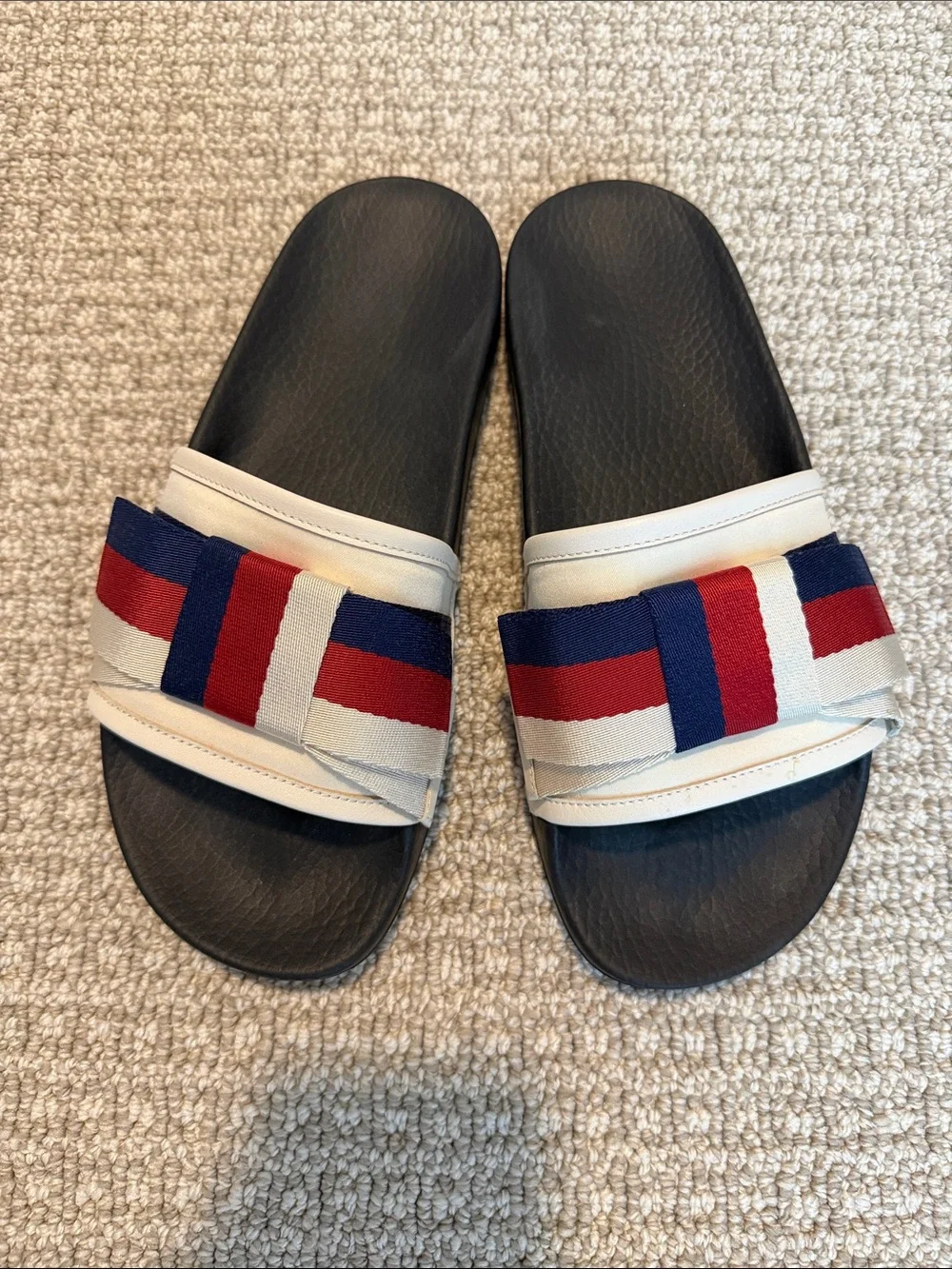 Gucci Black Slides with White, Red and Blue Web Strap